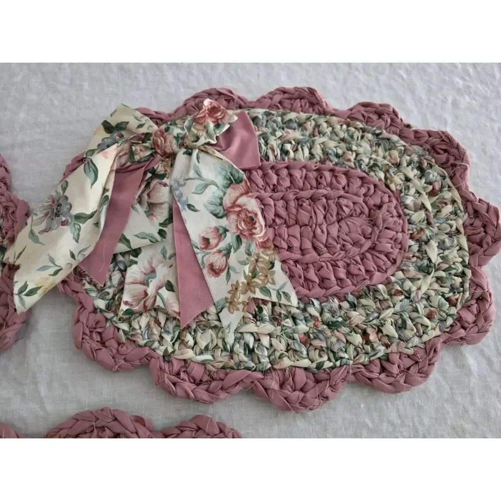 Handmade Rag Rug Placemats Set 3 Cottage Bow Kitsch Cottagecore Vintage Floral